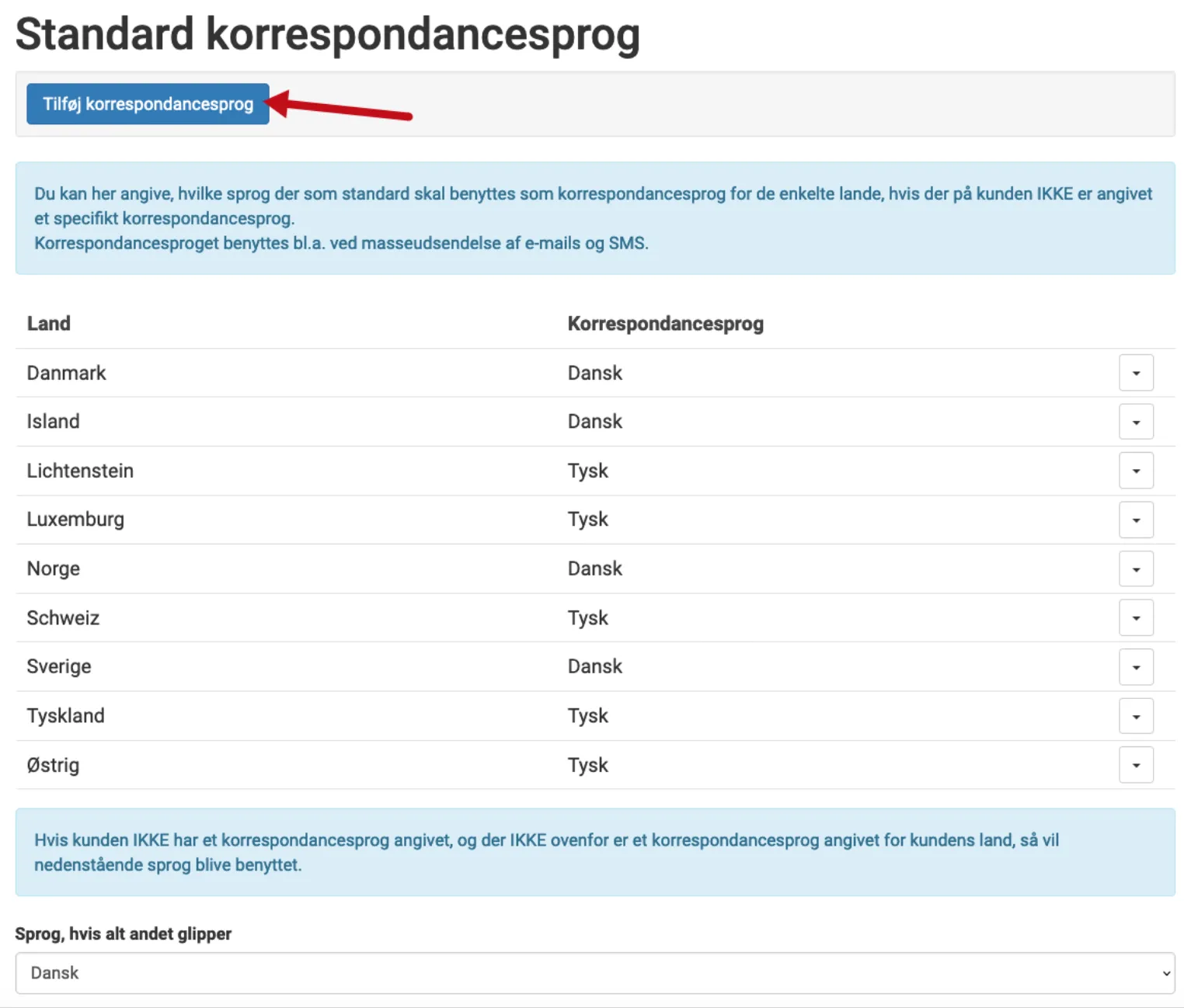 Vælg korrespondancesprog