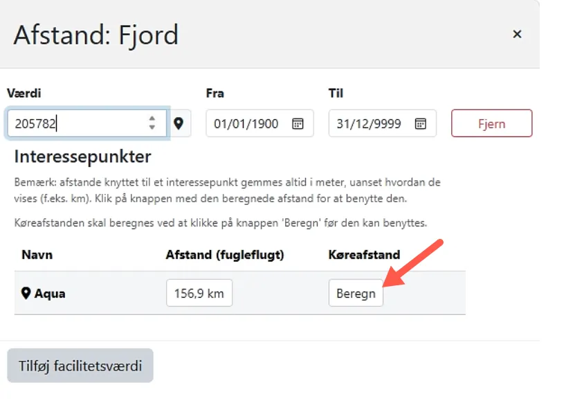 Afstandsfacilitet beregn køreafstand