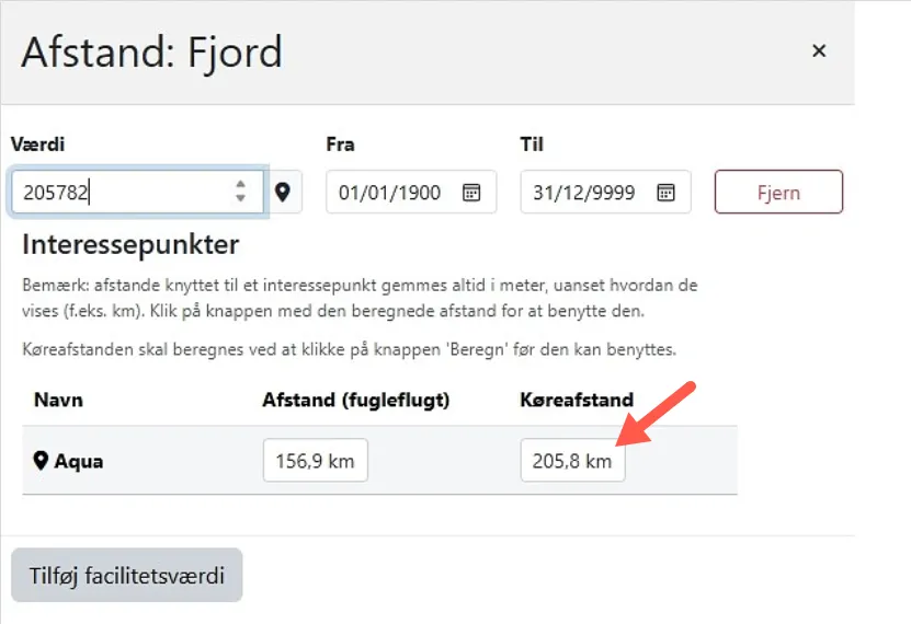 Overfør den beregnede afstand til værdifeltet ved at klikke på tallet