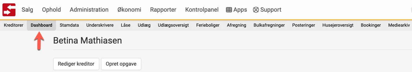 Find kreditors dashboard i menuen