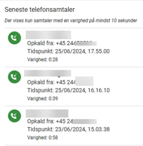 Visning af seneste telefonsamtaler