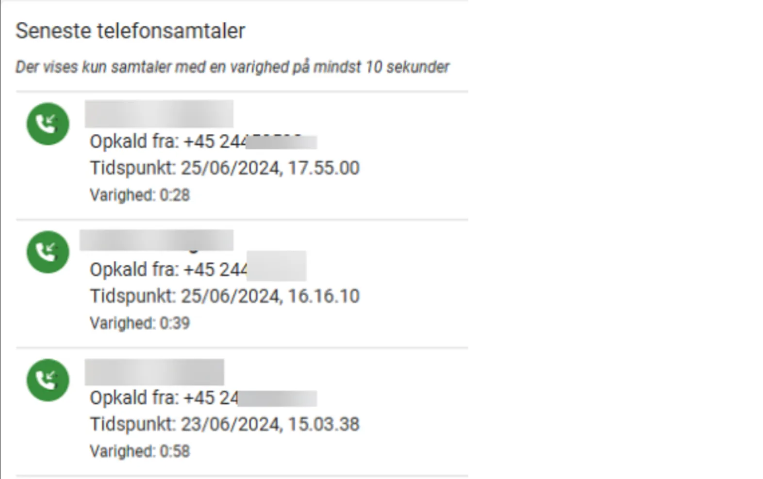 Visning af seneste telefonsamtaler