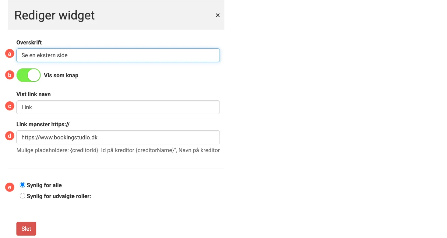 Indstillinger for widget "kreditor link skaber"