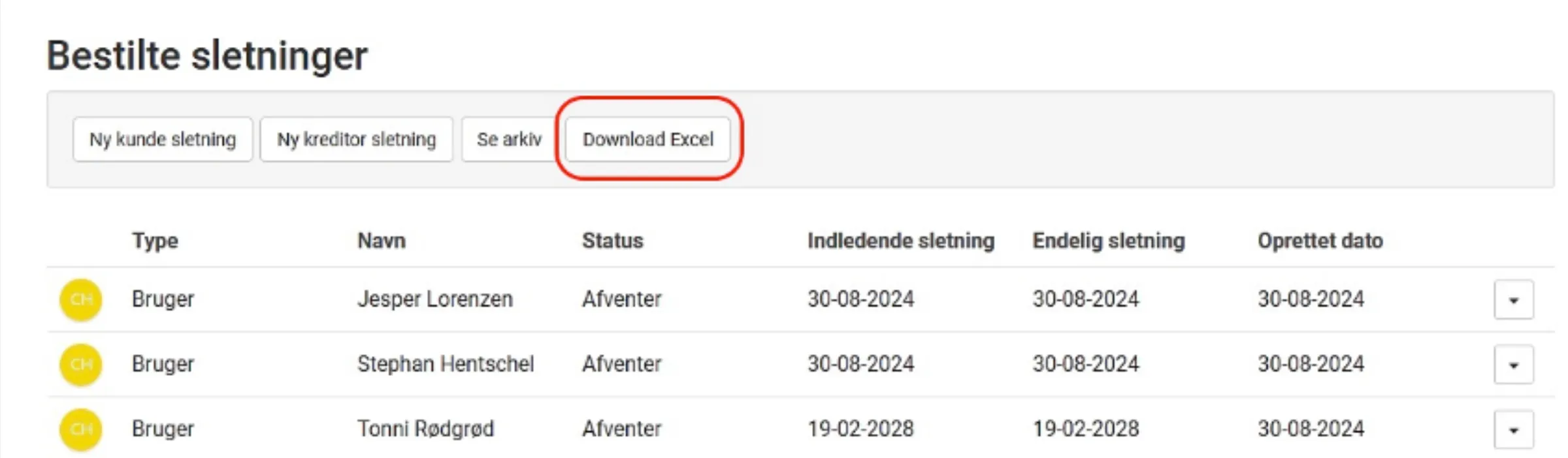 Sletninger downloades som Excel