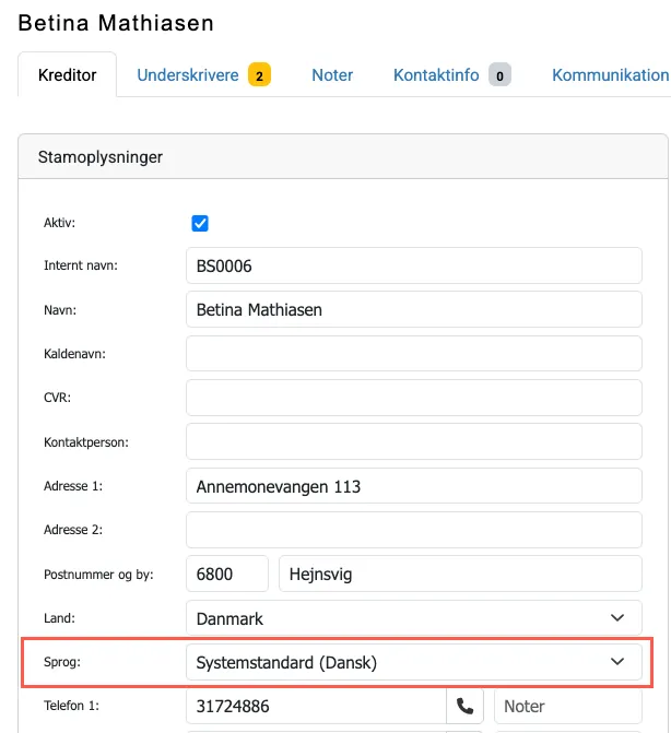 Sprog på kreditors stamdata