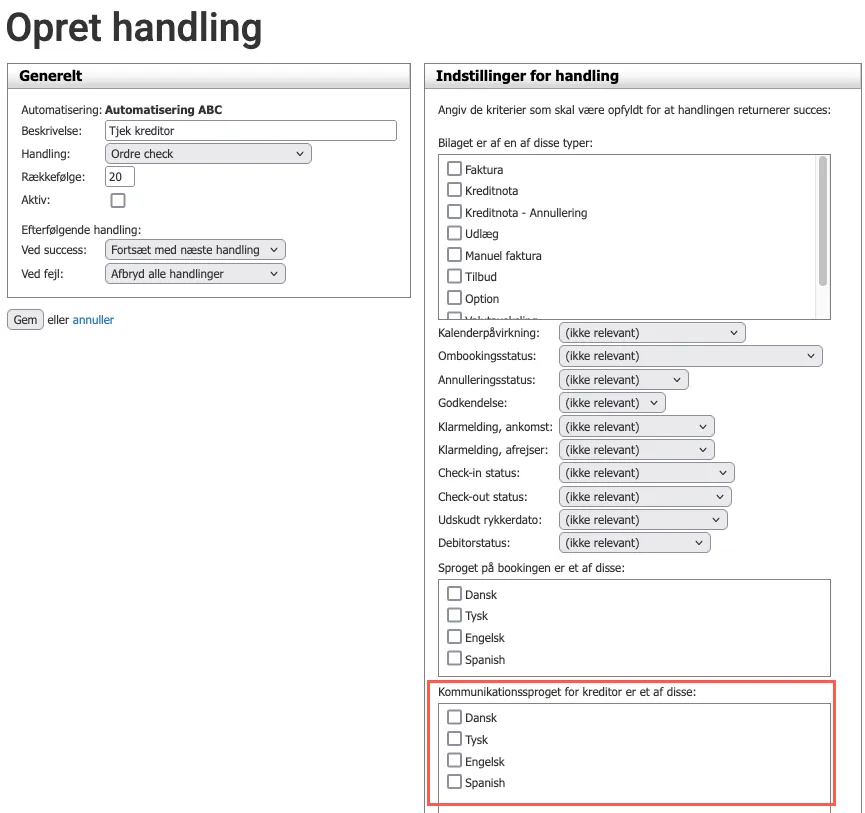 Mulighed for at tjekke kreditorsprog i en automatisering