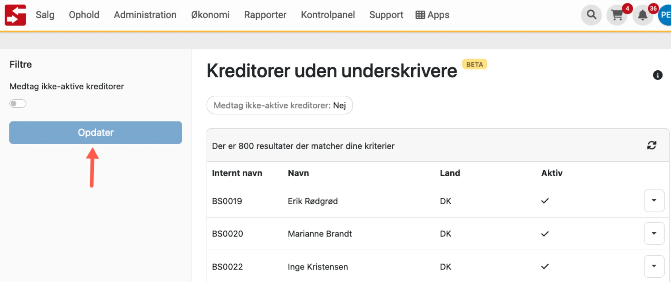 Oversigt over kreditorer der ikke er oprettet med underskriver