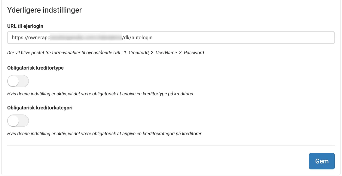 Yderligere indstillinger for kreditor