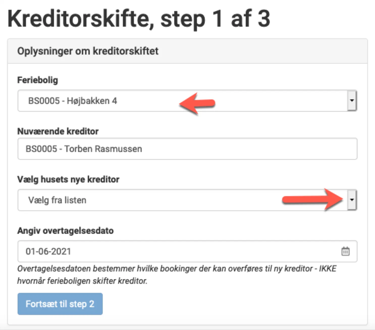 Vælg ny kreditor