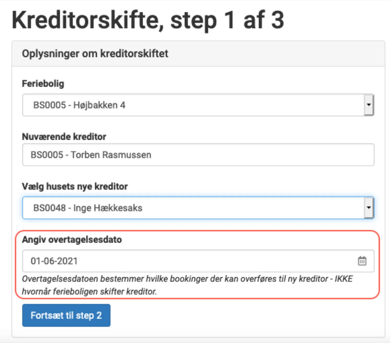 Oplysninger om kreditorskiftet