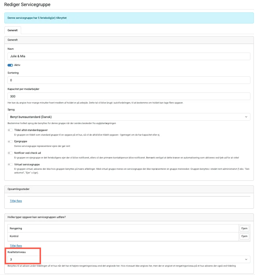 Kvalitetsniveau på en servicegruppe