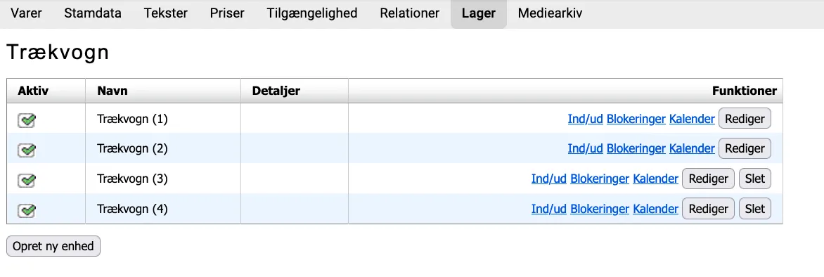 opret enhed for hver vare