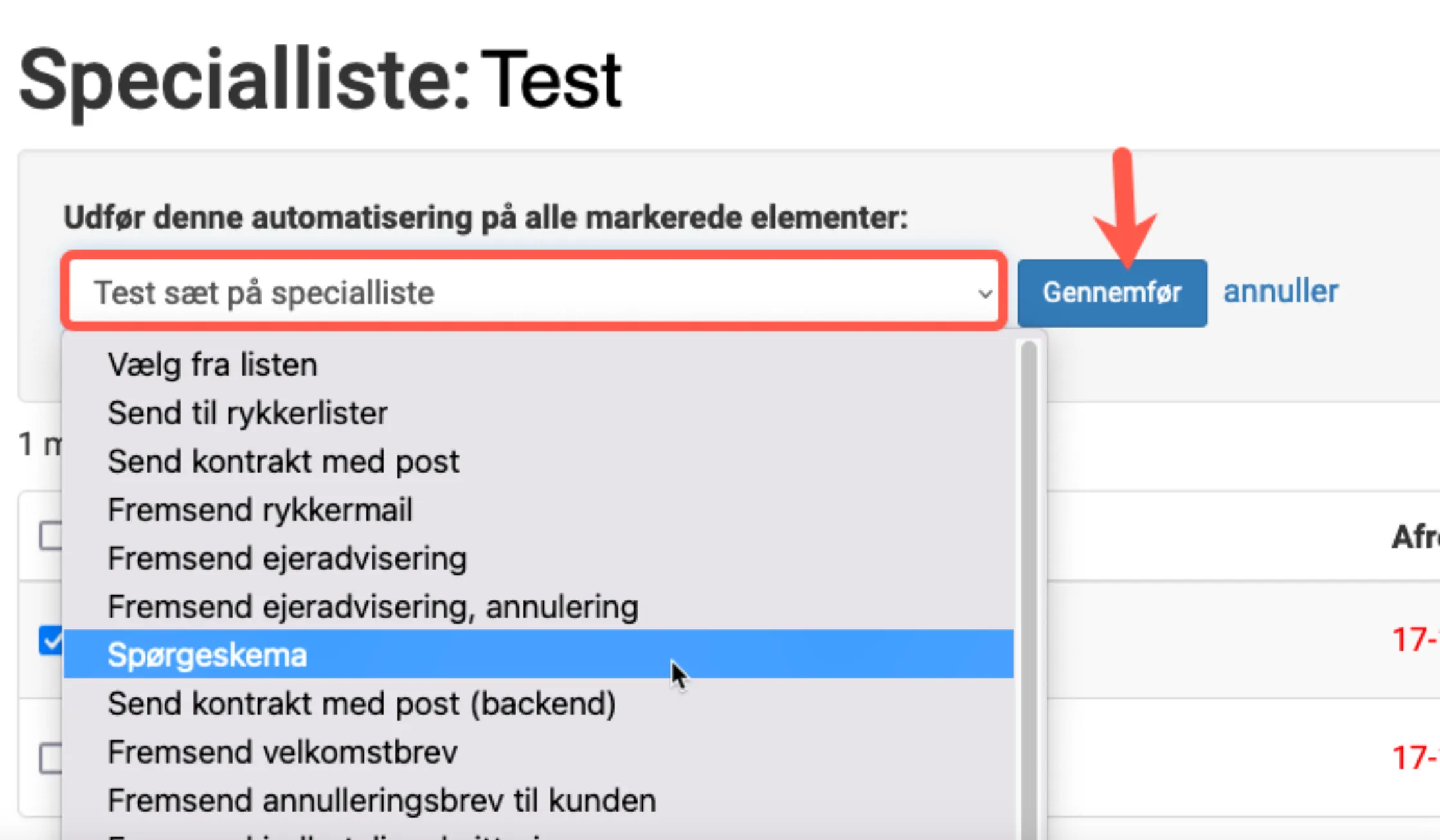 Vælg automatisering der skal testes
