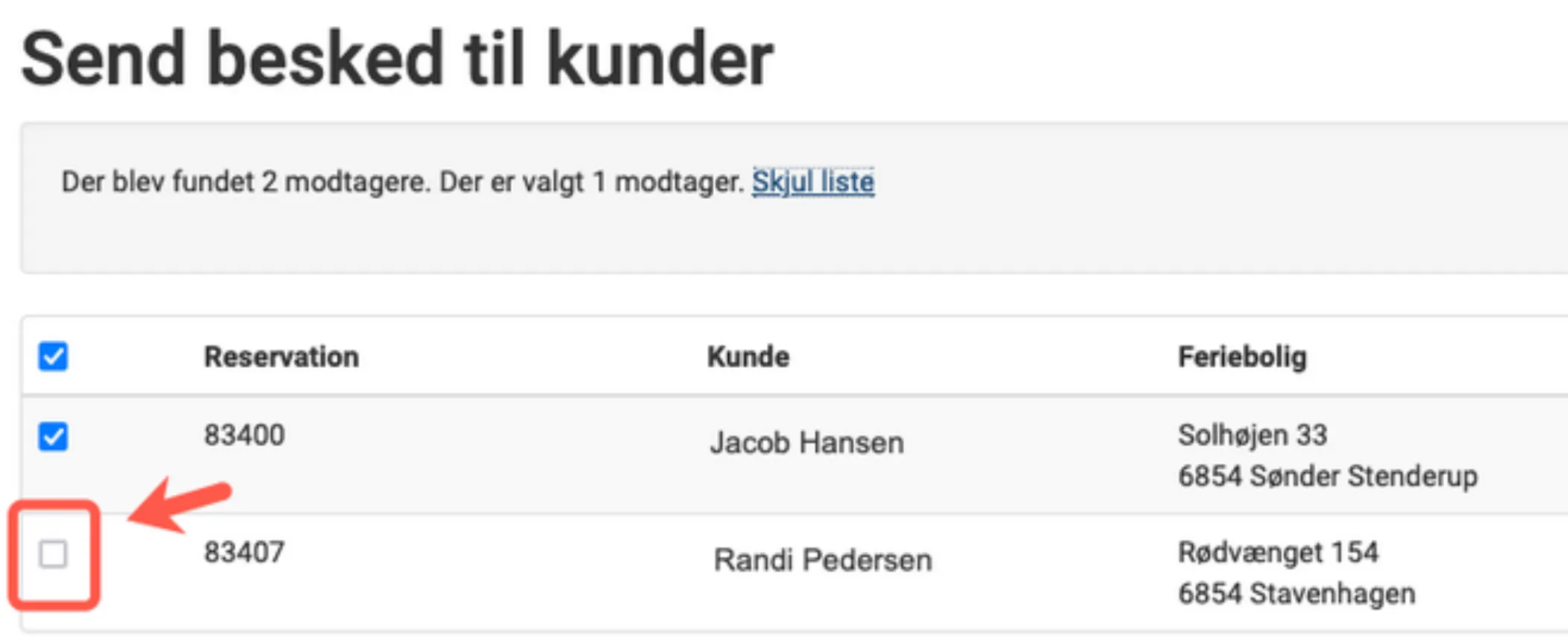 Vis liste for modtagere der kan sendes til