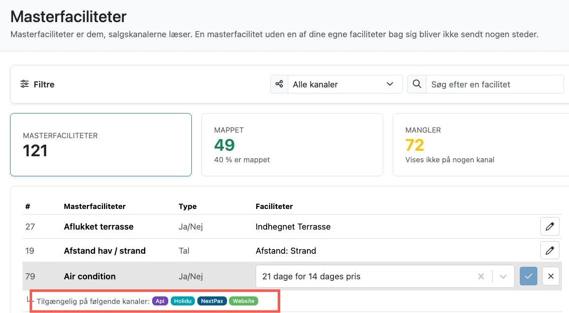 Se hvilke kanaler der kan benytte masterfaciliteten