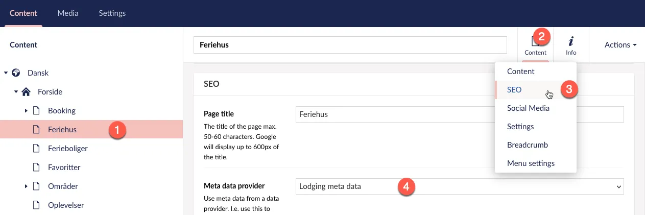 Indstilling i Umbraco for at kunne vises metadata fra tekstsiden i BookingStudio