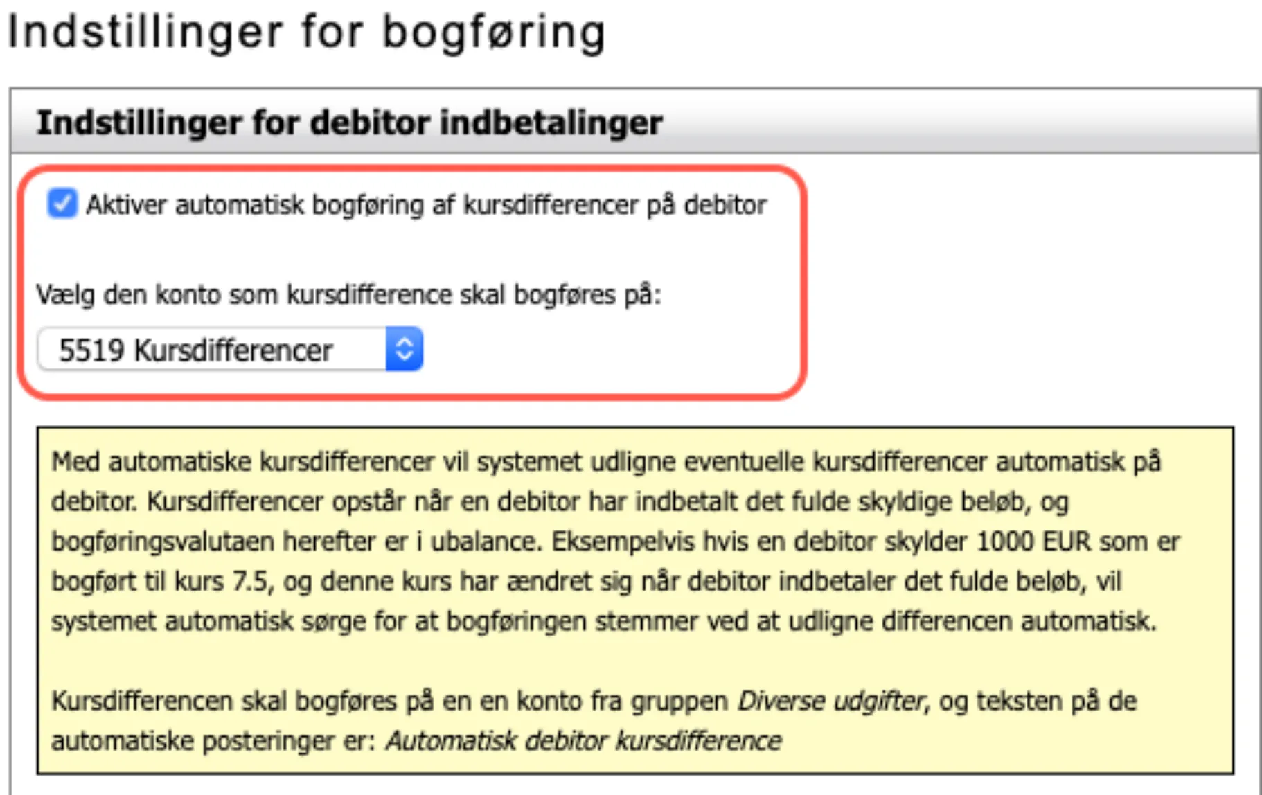 indstillinger for debitor indbetalinger