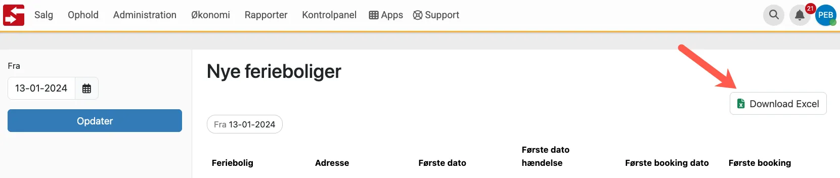 Download rapport til Excel