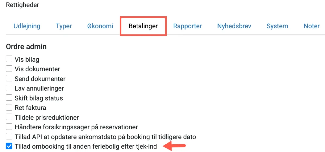 Ny rettighed "Tillad ombooking til anden feriebolig efter tjek-ind"