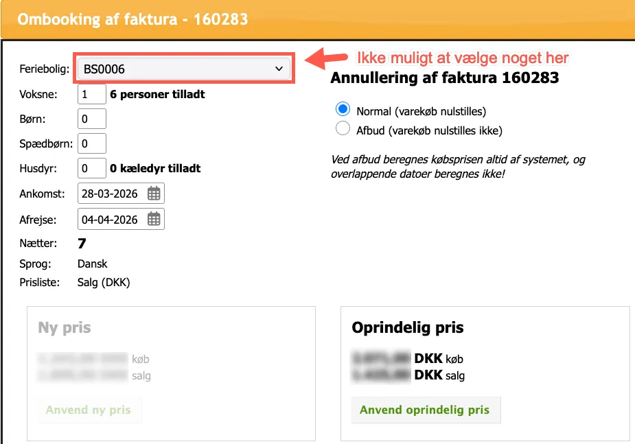 Vælgeren af ferieboligen er inaktiv, hvis man ikke har rettighed til at ombooke efter tjek-in