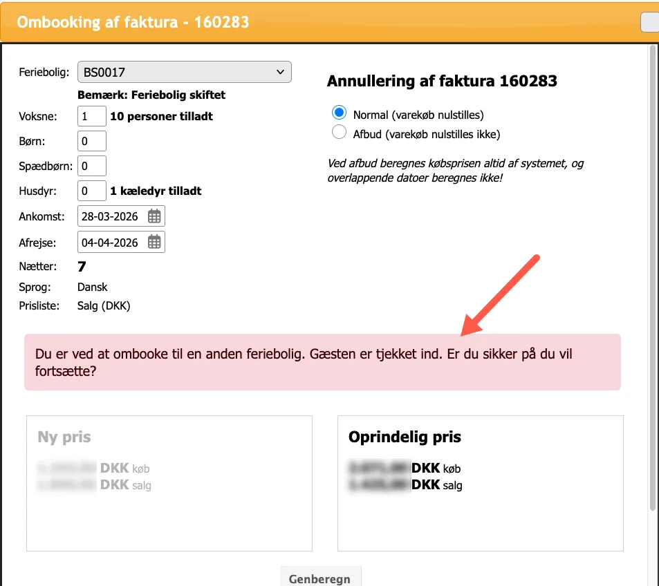 Advarsel ved ombooking til anden feriebolig efter at gæsten er tjekket ind