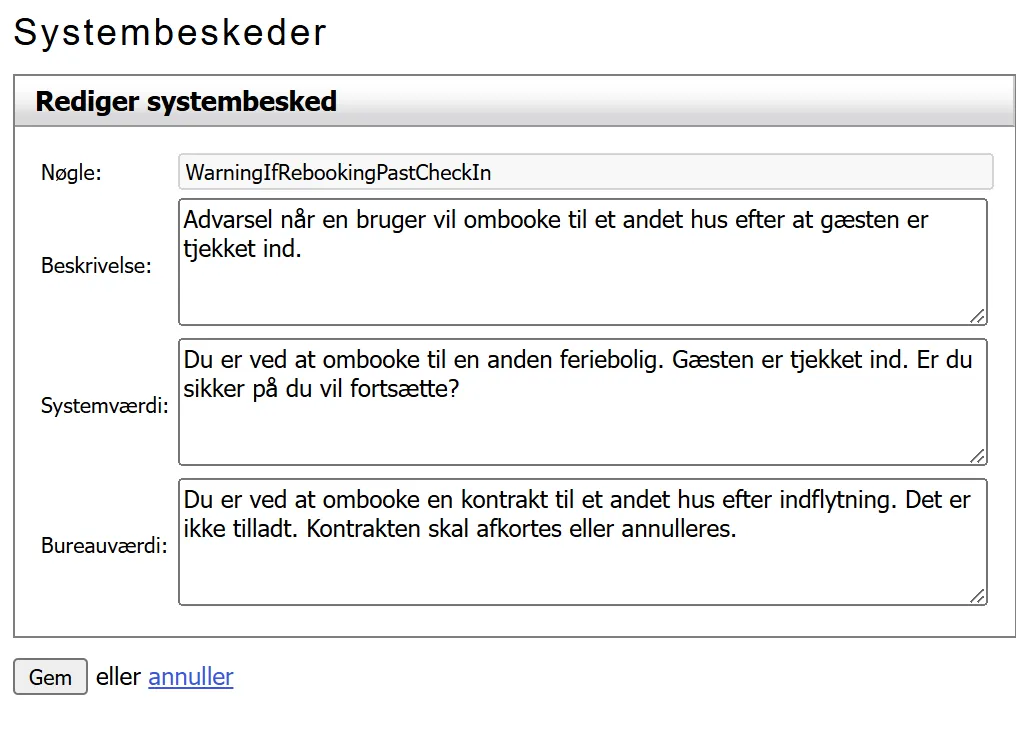 Systembesked til advarsel ved ombooking til et andet hus efter tjek-ind
