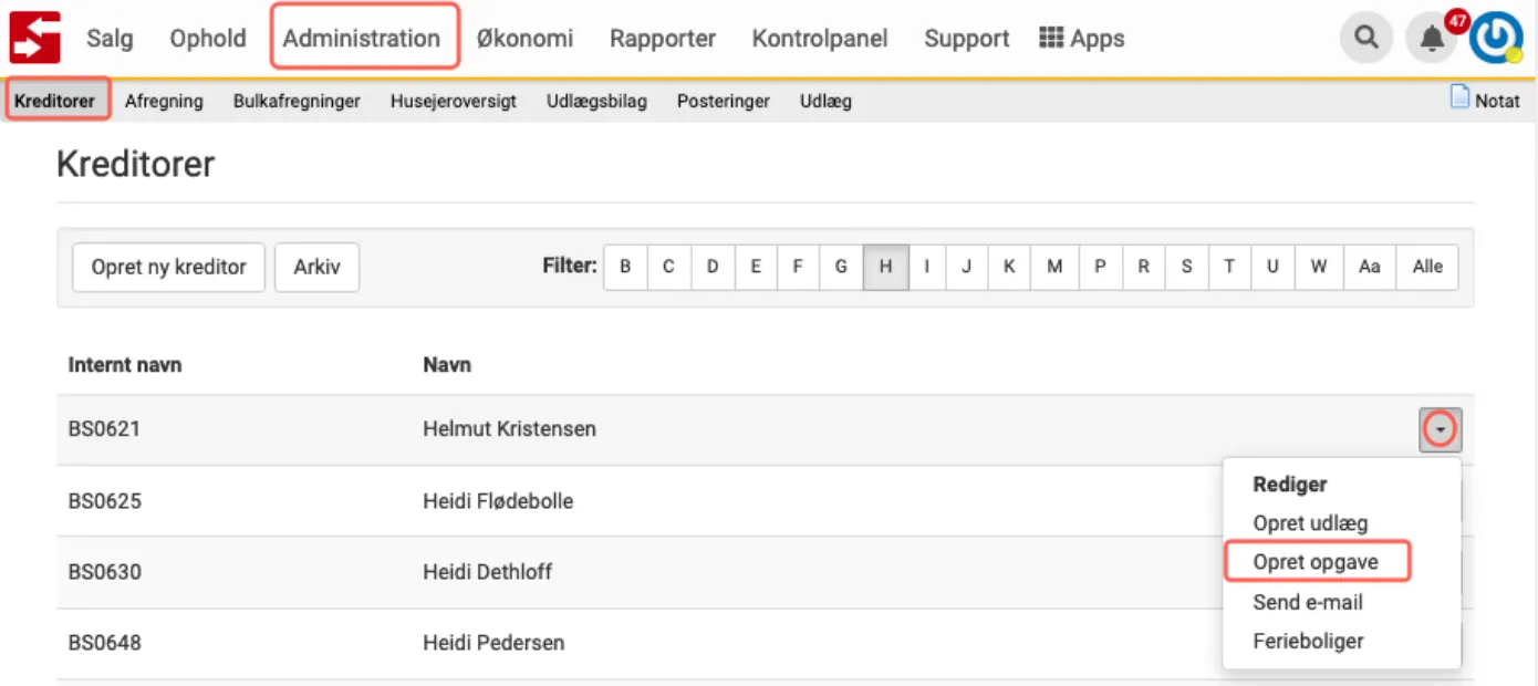 opret og tilknyt opgave til kreditor