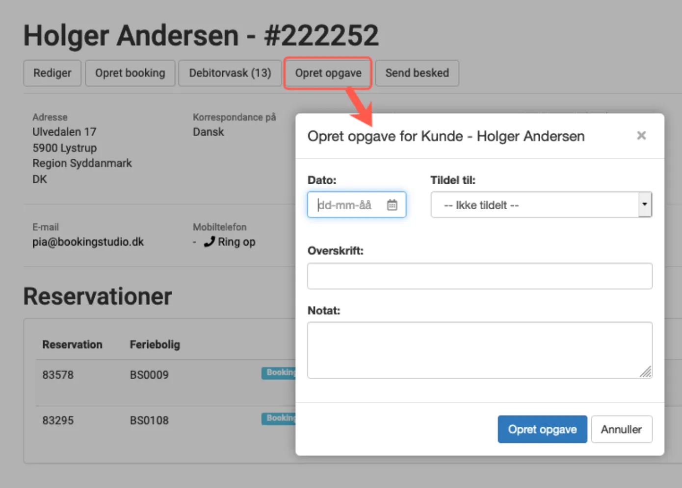 opret og tilknyt opgave til debitor