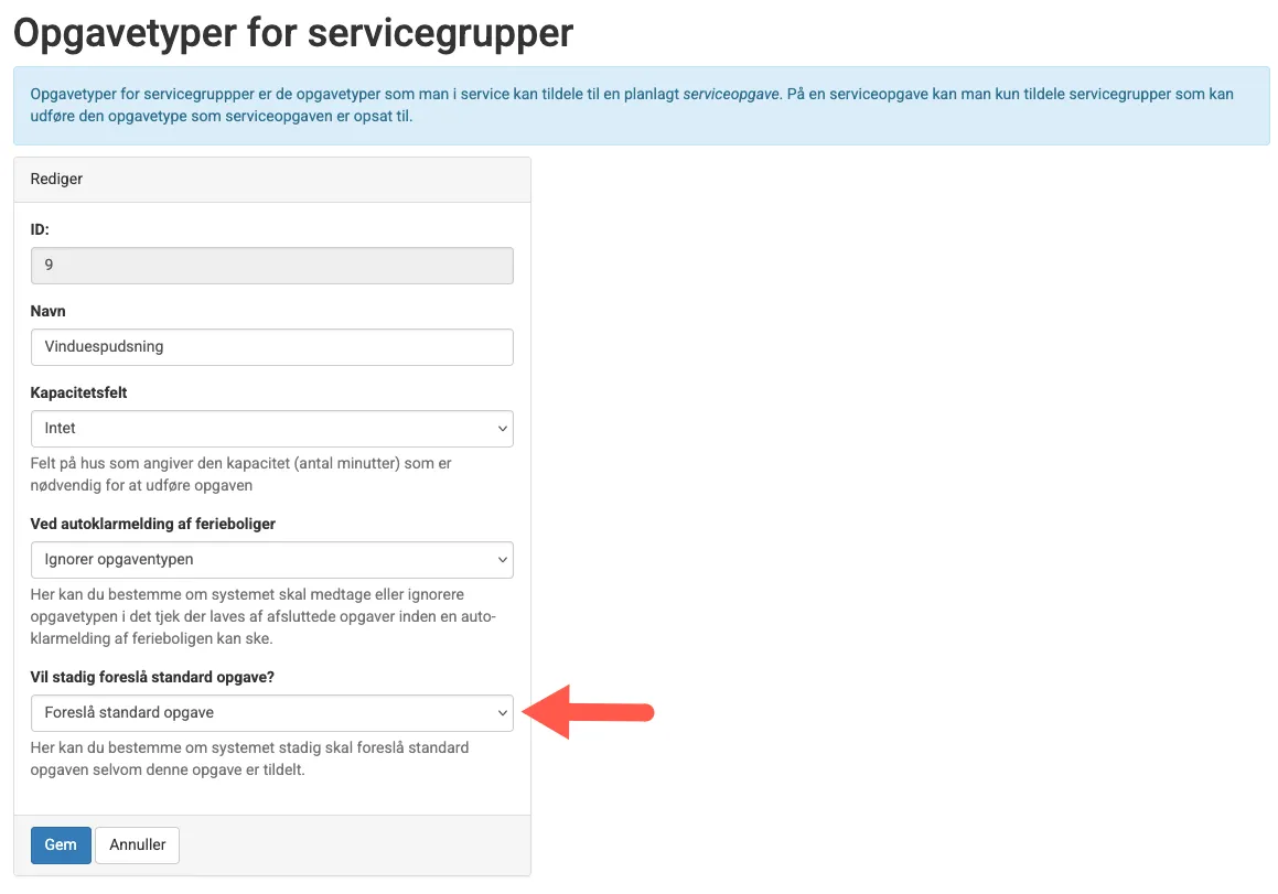 Indstilling for en opgavetype