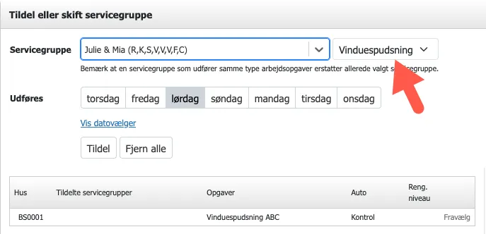 Skift opgavetype i tildel servicegruppe