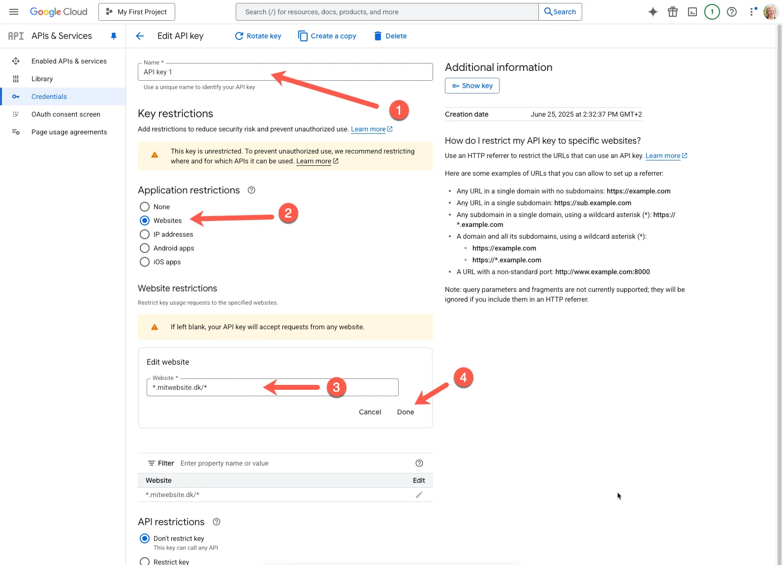 Indstillinger for API nøglen