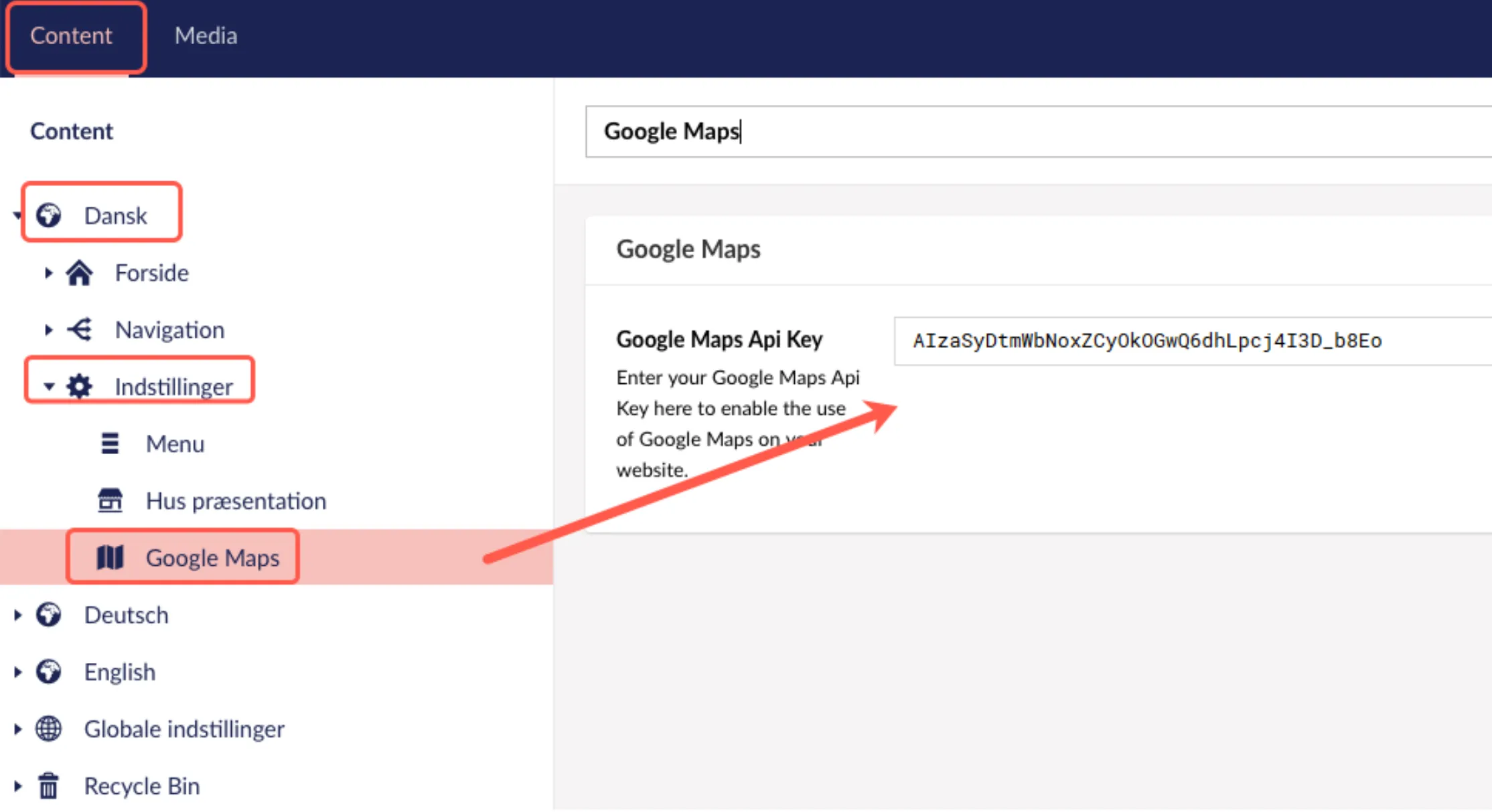 API nøgle under hvert sprog