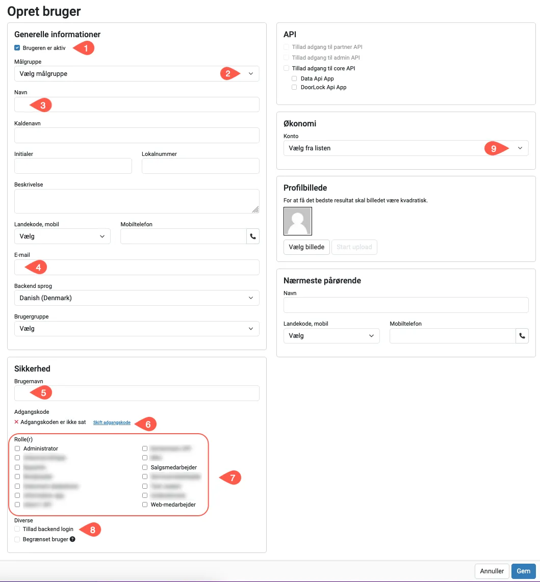 Udfyld felter for en bruger