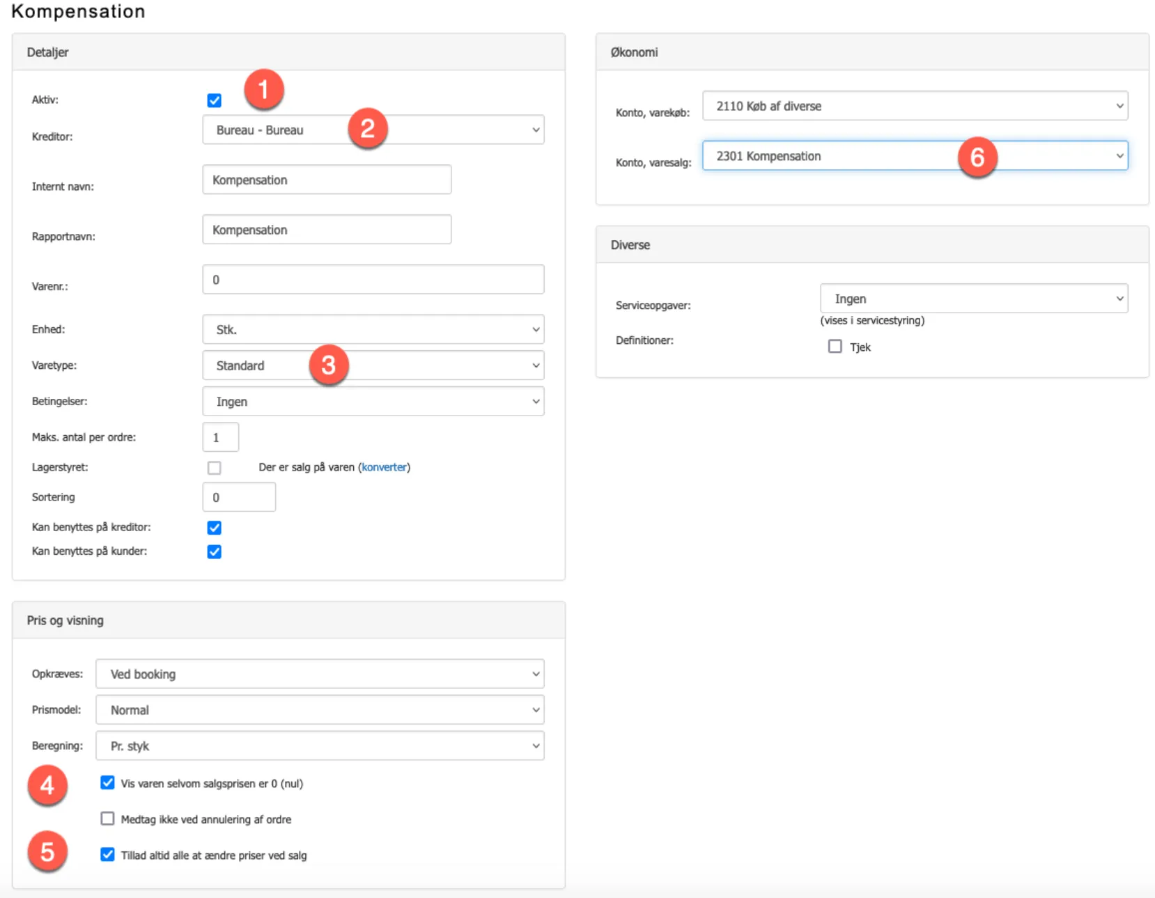 felter til oprettelse af kompensations vare