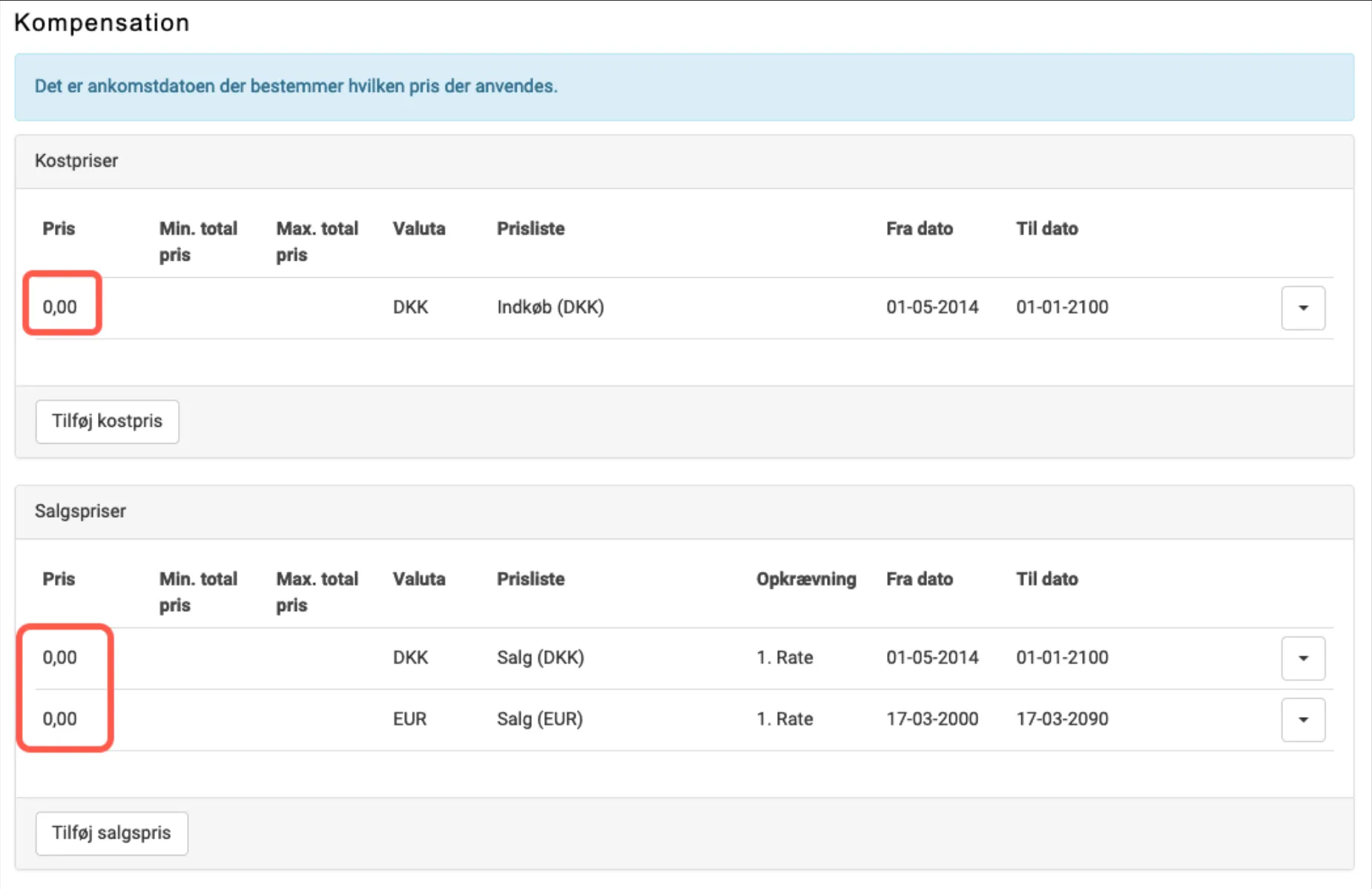 Priser sættes til nul