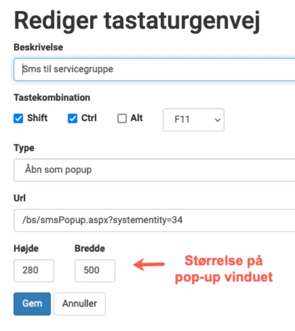 Genvejstype: Åben som popup