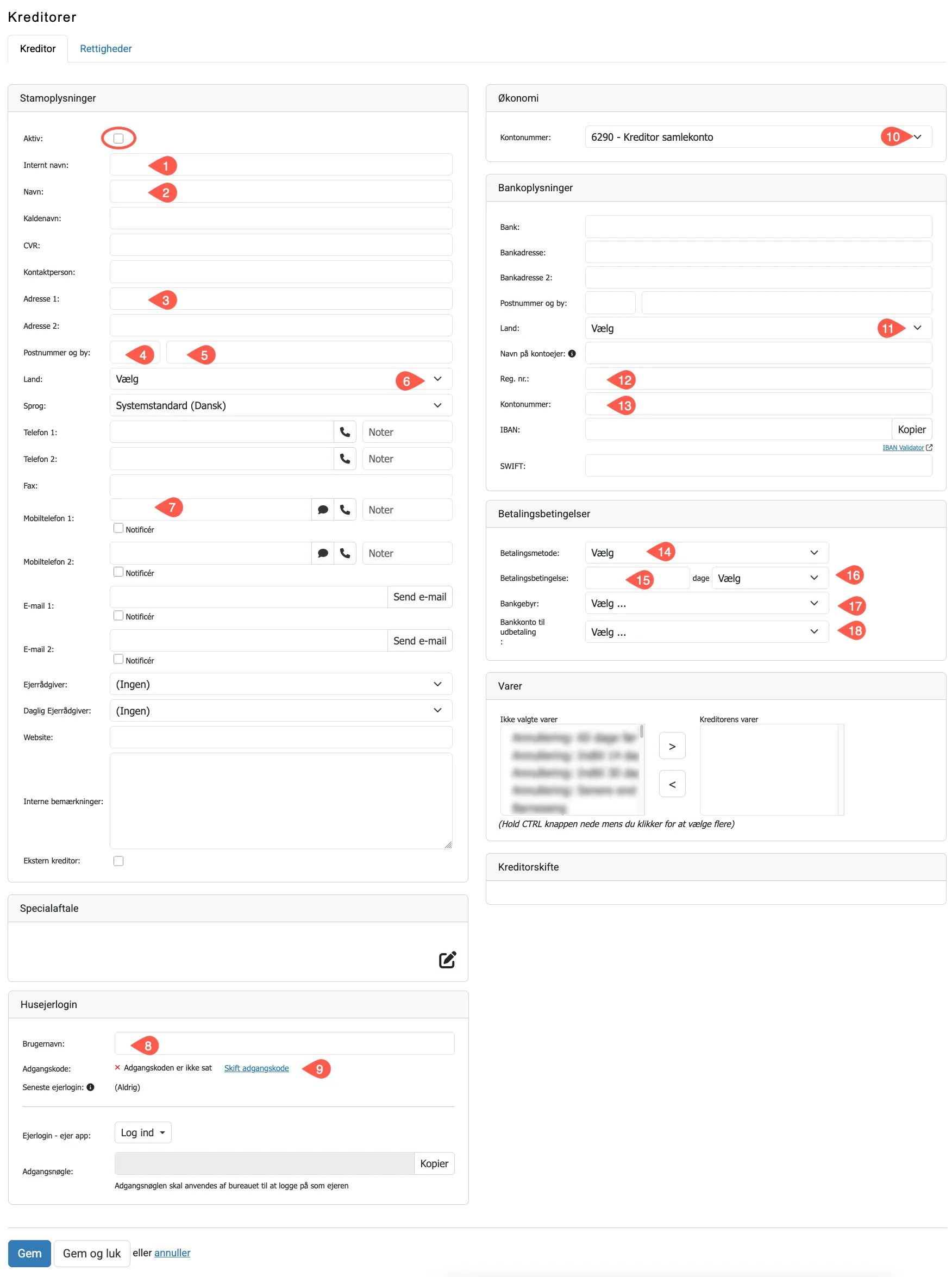 Stamdata for kreditor
