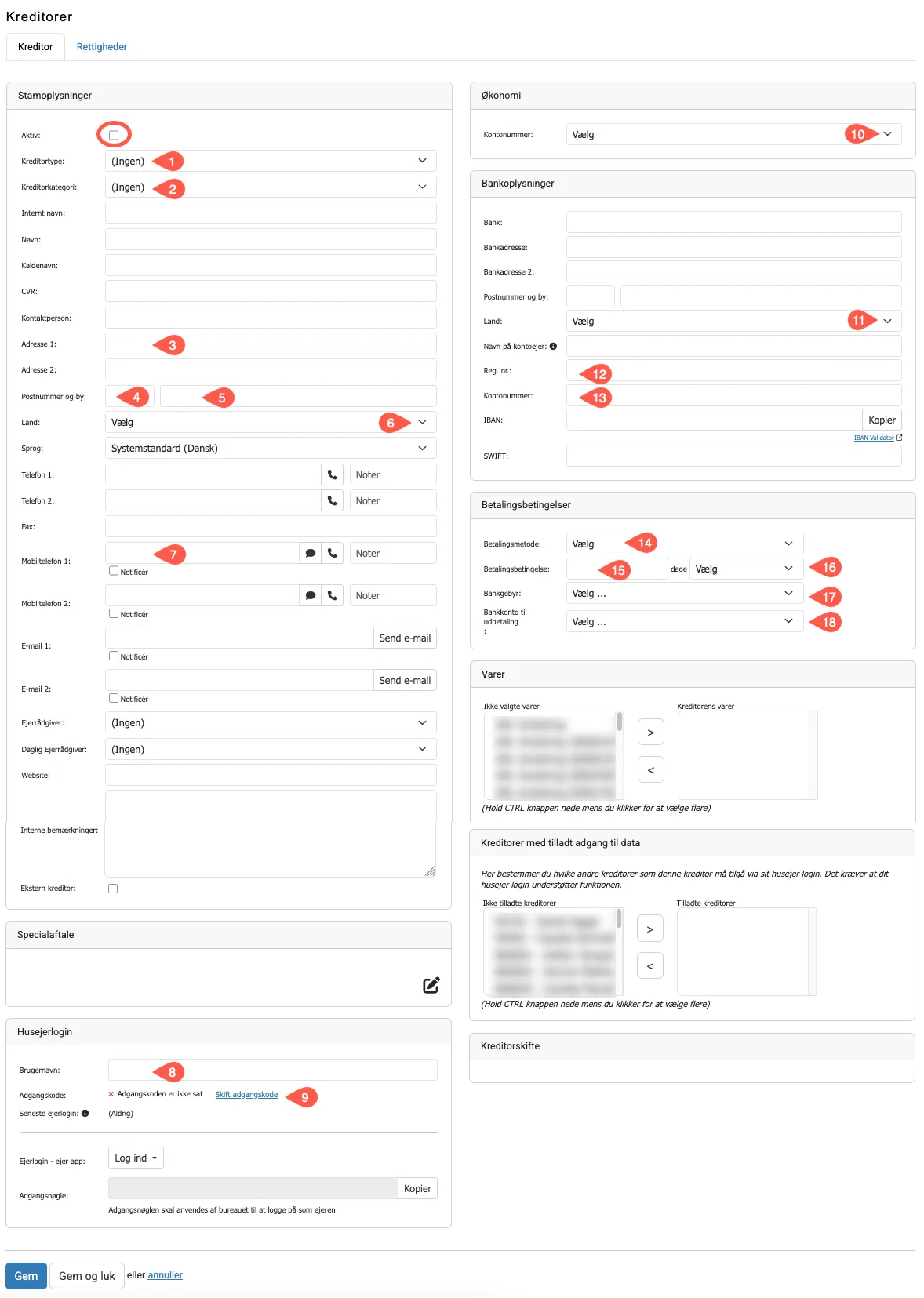 Stamdata for kreditor