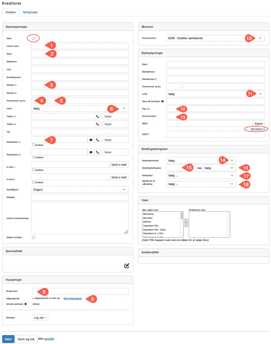 Stamdata for kreditor