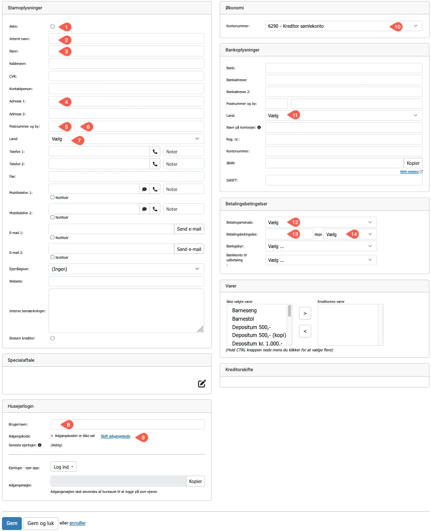 Udfyld stamdata for en ny kreditor