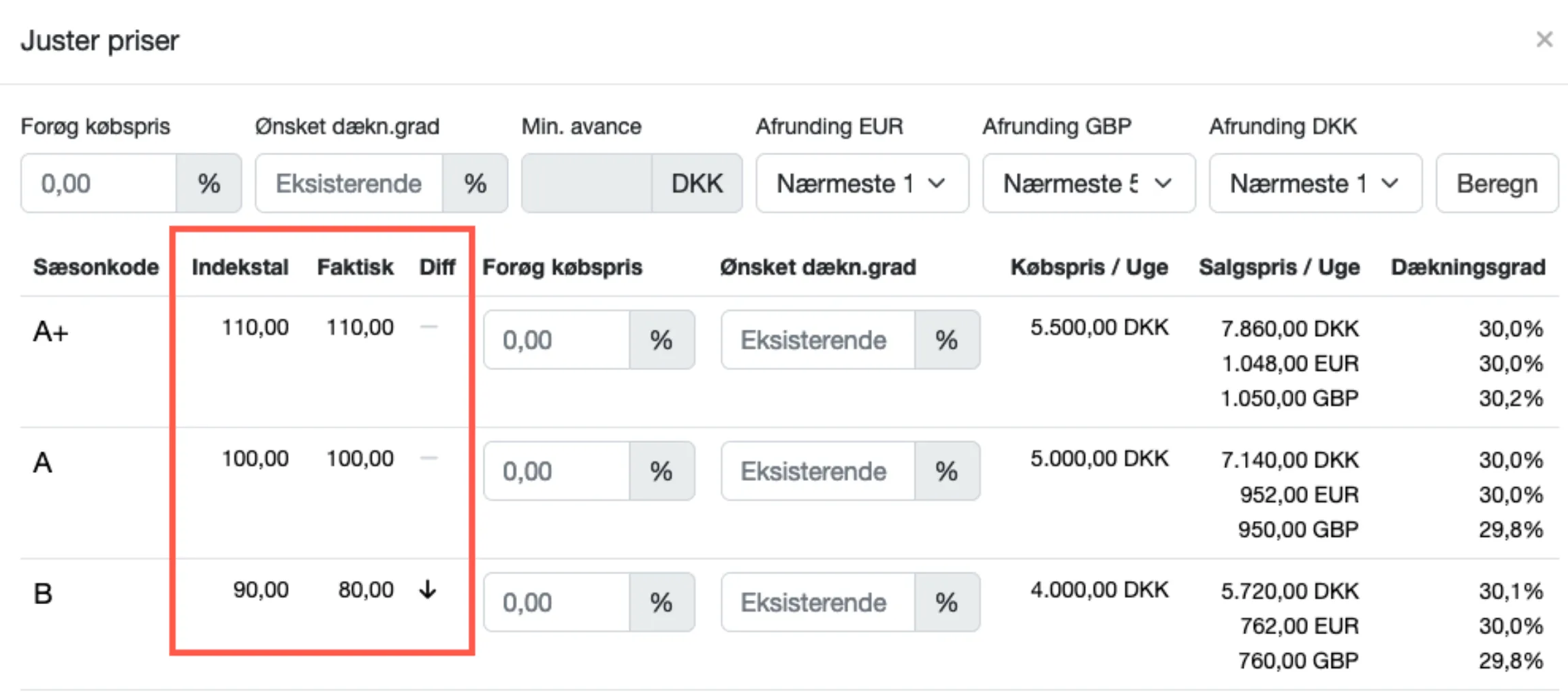 Kolonne ved Justér priser