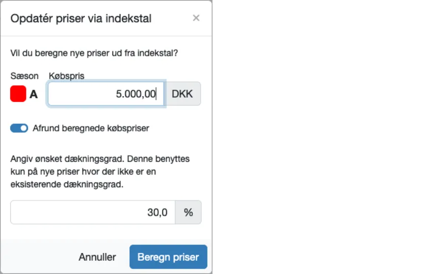 Opdatér priser via indekstal