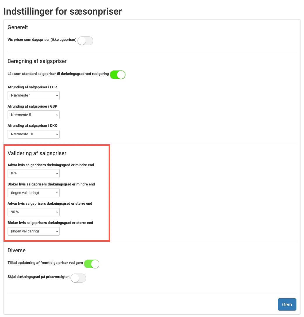 Opsæt validering af priser