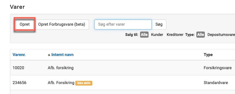 Opret varer