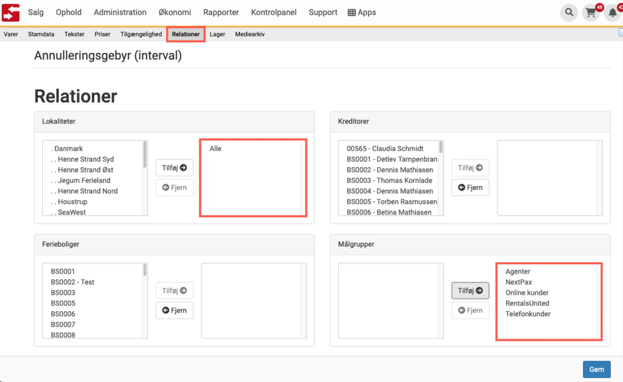 Menupunktet relationer