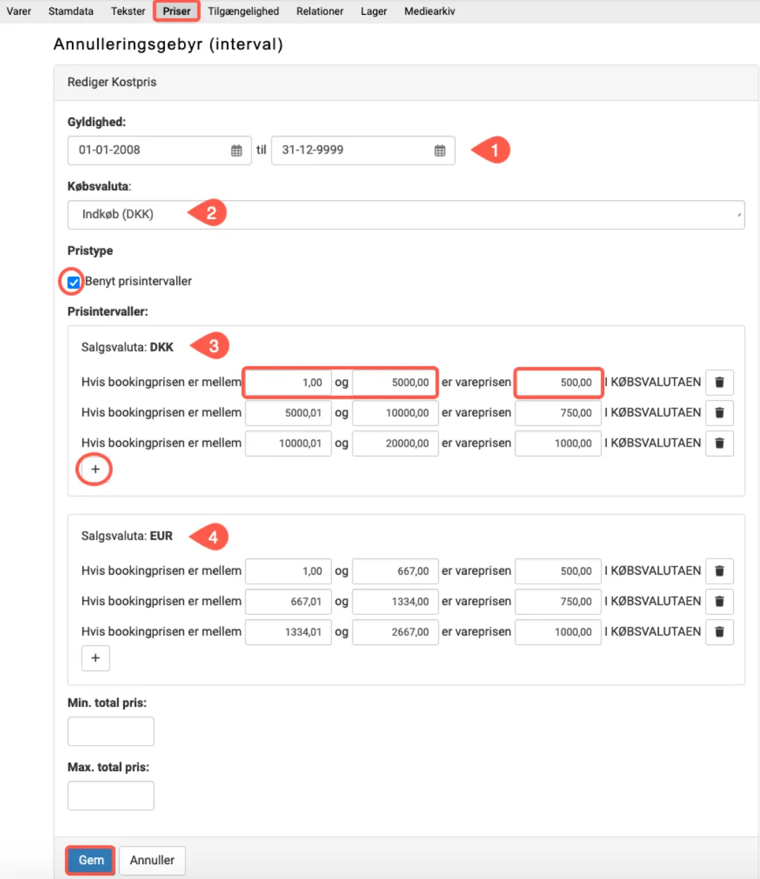 Kostpris i intervaller