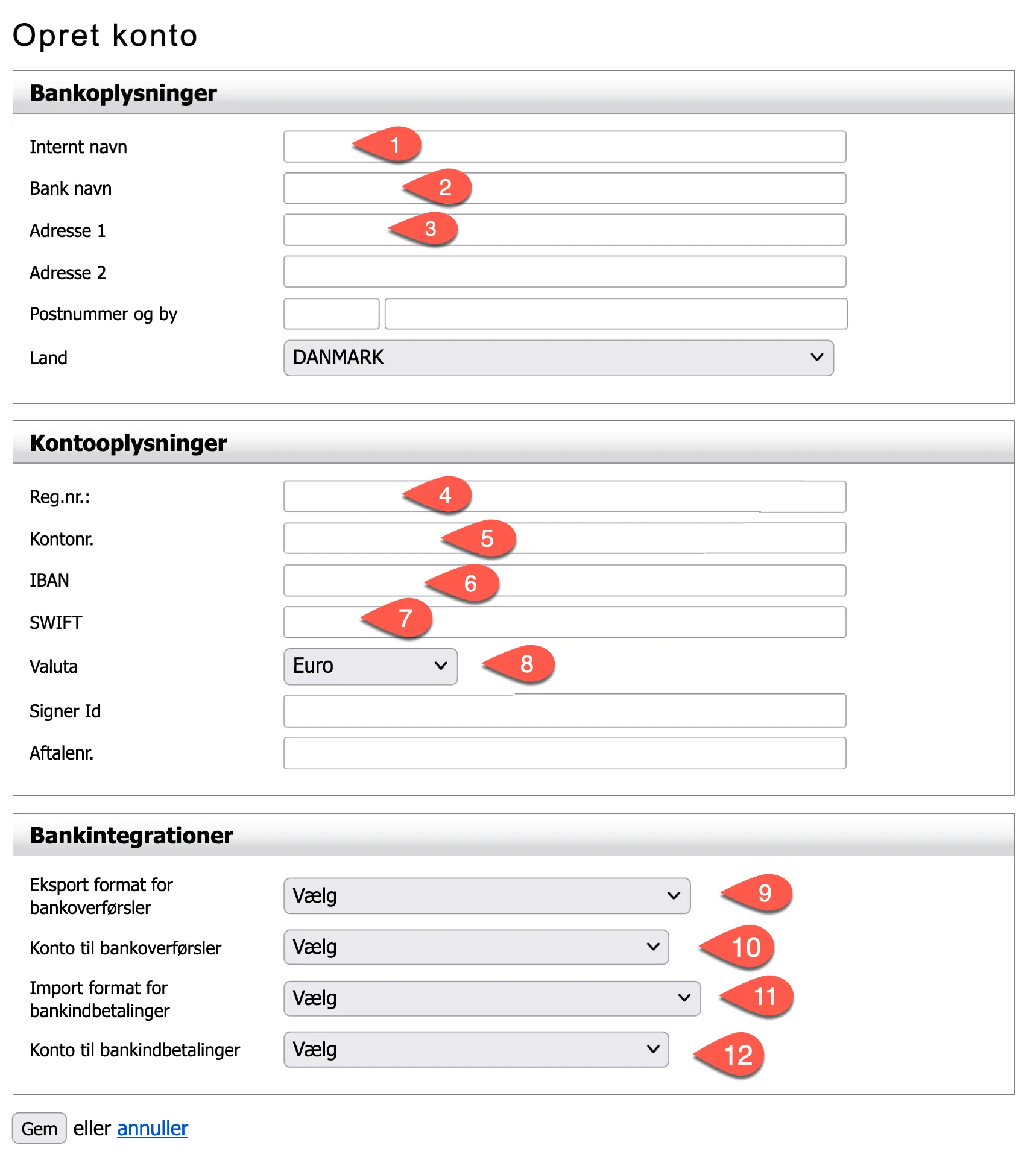 Felter til oprettelse af en bankkonto