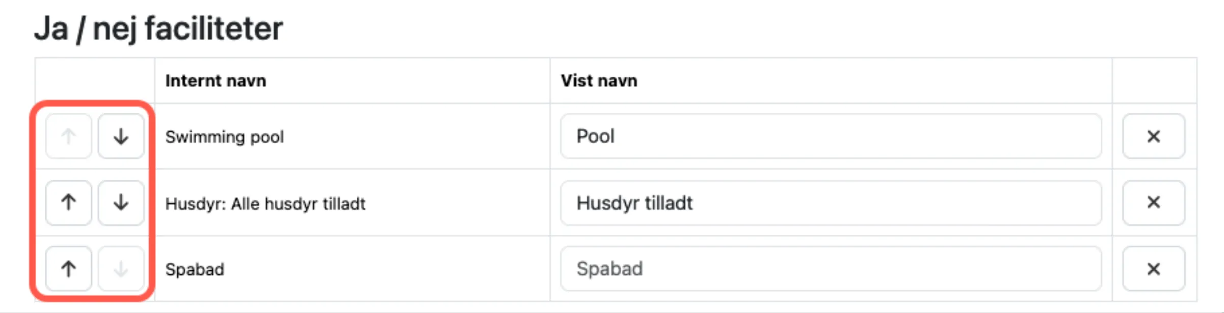 Flytte rundt på rækkefølge af faciliteter