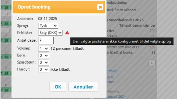 Advarsel hvis sprog og prisliste ikke matcher