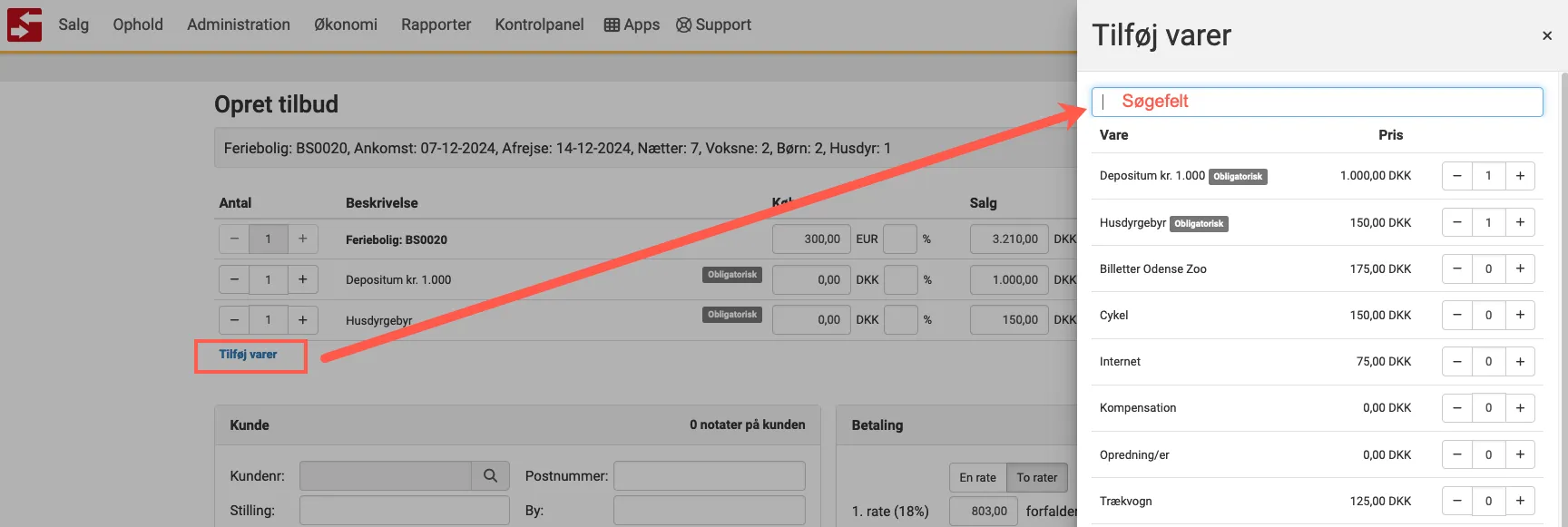 Tilføj varer til en ordre